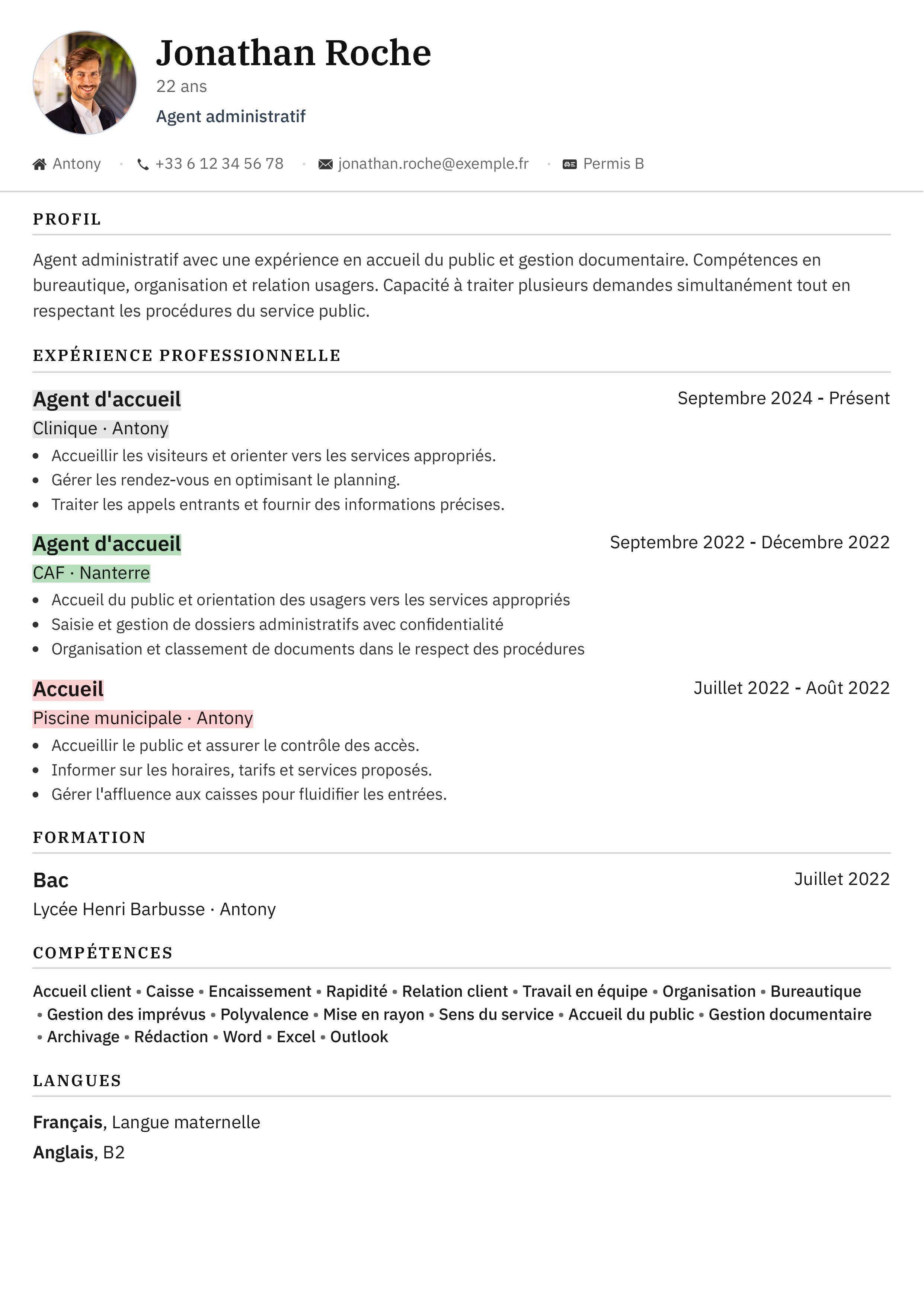 CV adapté pour Agent administratif : Mairie · Boulogne-Billancourt